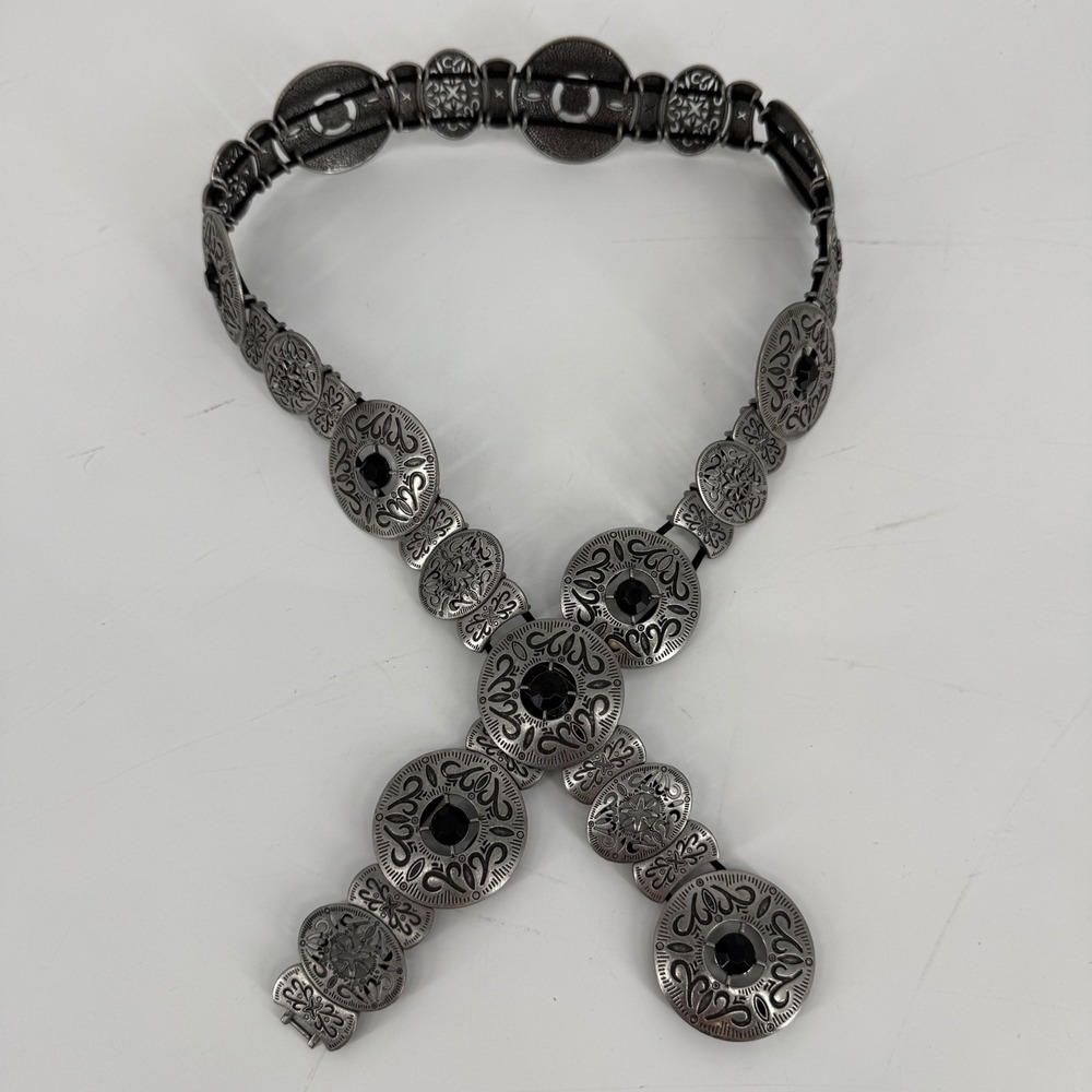 Vintage Y2K Silver Tone Concho Belt Black Rhinestone Boho Western Festival 37" - Picture 3 of 9